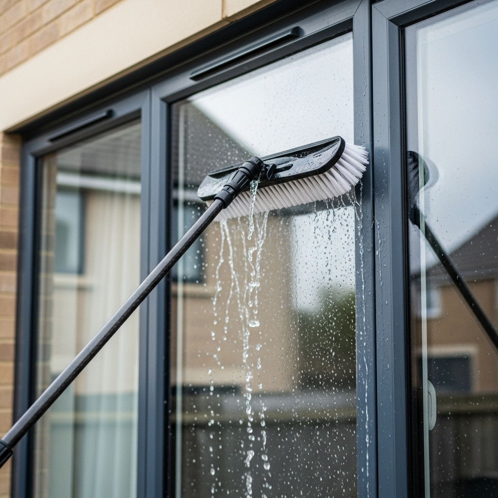 Water-fed pole cleaning a window